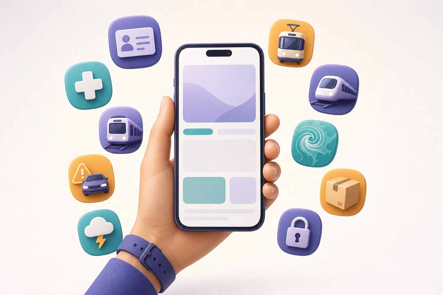 Smartfon w dłoni otoczony ikonami przydatnych aplikacji mobilnych